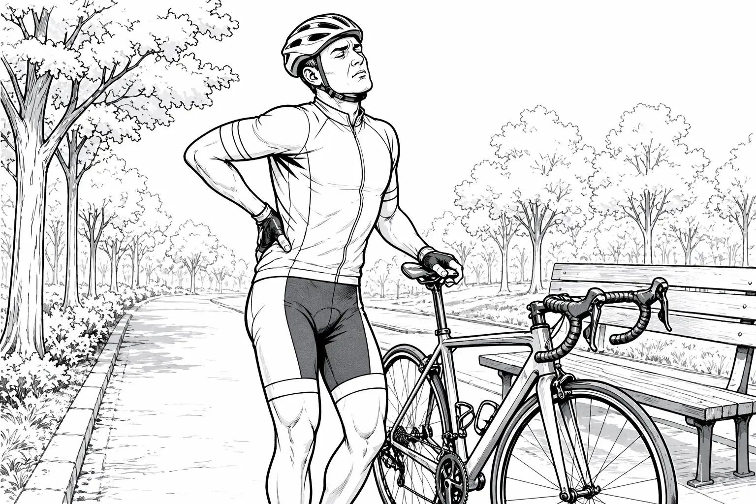 Ilustração editorial de ciclista com desconforto postural ou lombar em contexto de ciclismo