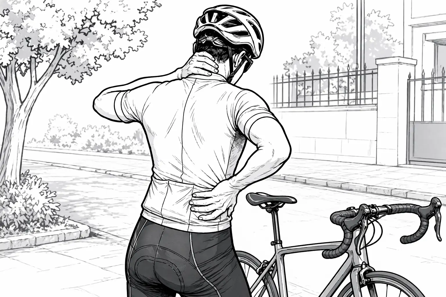 Ilustração editorial de ciclista com foco em postura, coluna ou desconforto lombar relacionada à seção 'A Anatomia da Hérnia de Disco'