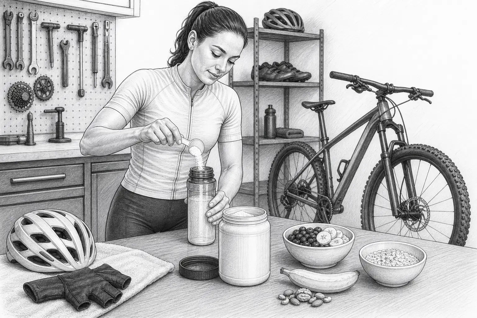 Ilustração de ciclista em refeição proteica