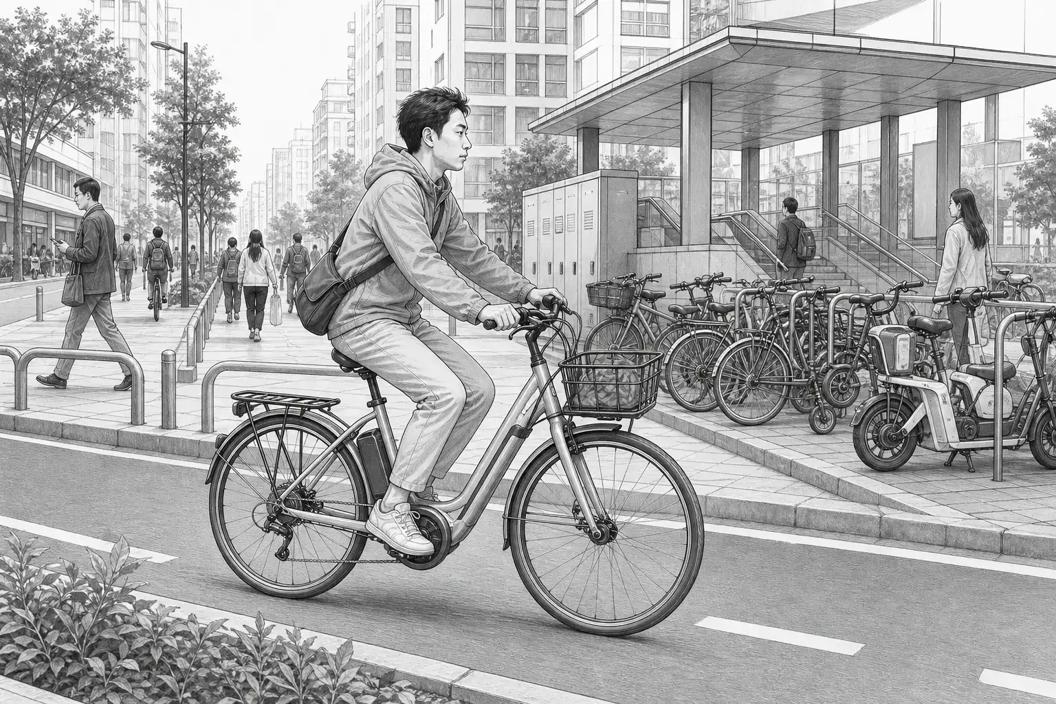 Ilustração de ciclista em contexto